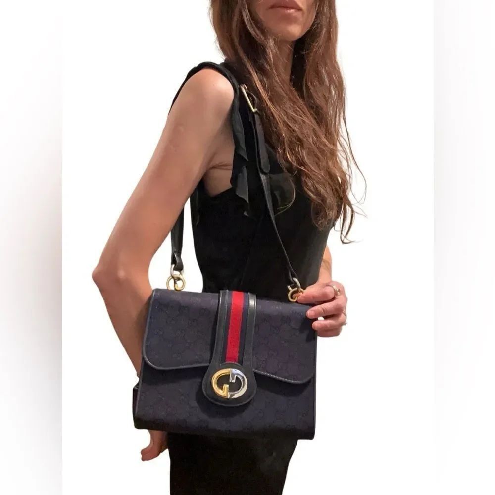 Gucci Blue and Gold Shoulder Bag with Signature Design